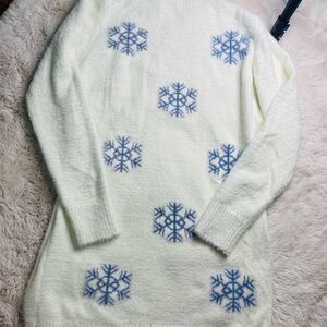 Cozy White Sweater with Blue Snowflake Design